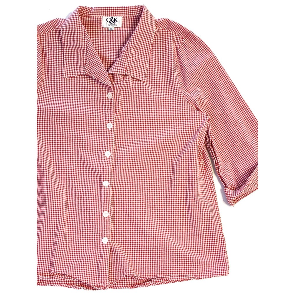 C&K Designs Red White Gingham Button Front Blouse 3/4 Sleeve XL *read*
